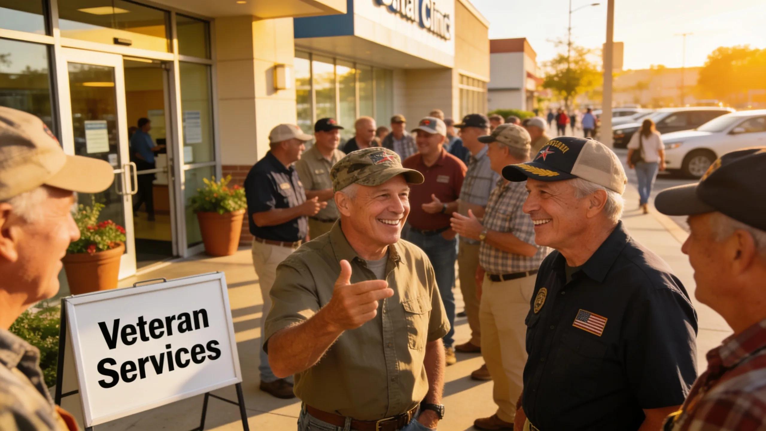 Veterans discussing dental care options outside a dental clinic focusing on affordability and support