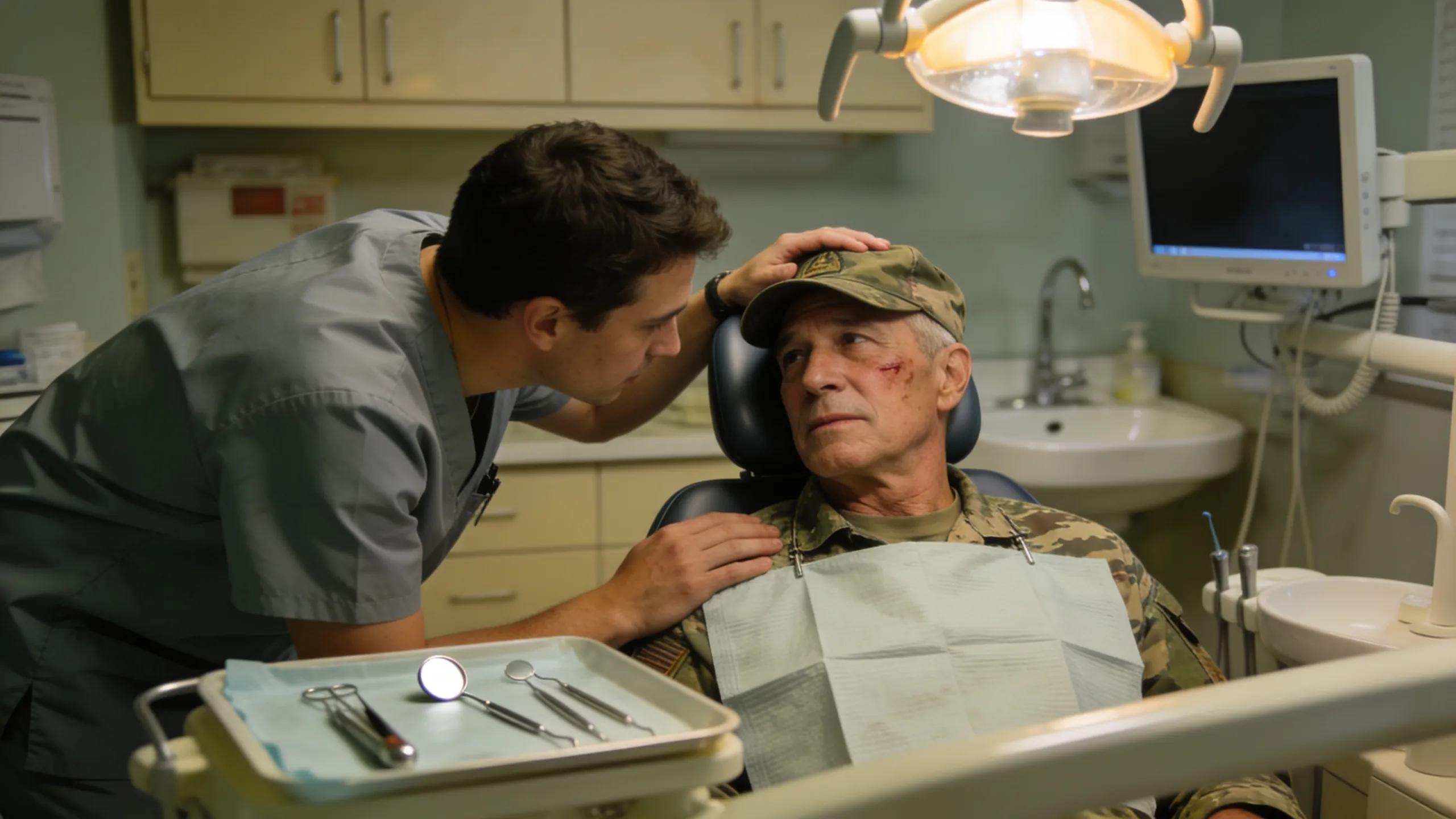 Dental professional providing emergency care to a veteran in a dental clinic setting