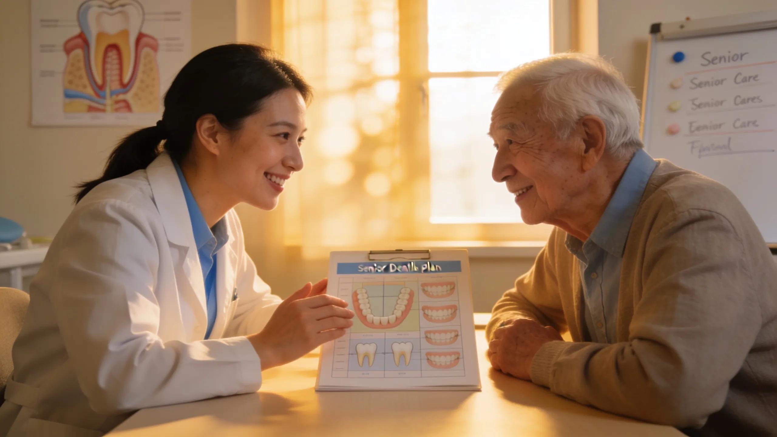 Dental professional providing personalized consultation to elderly patient about endodontic services