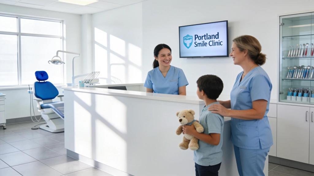 Modern dental clinic reception with staff and patients in Portland