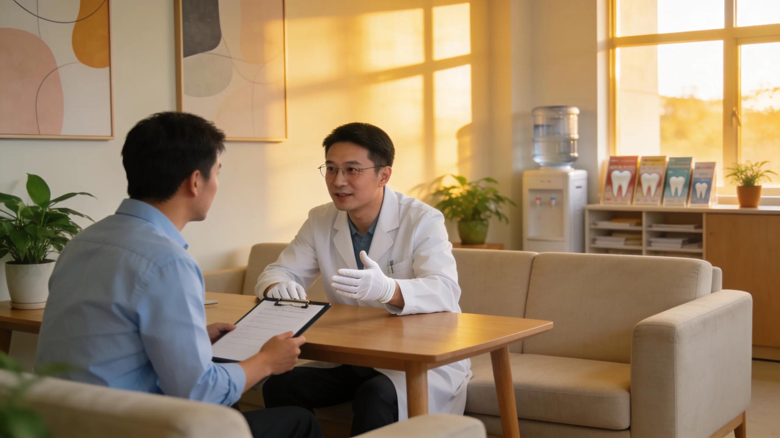 Welcoming dental clinic environment showing patient consultation for root canal therapy