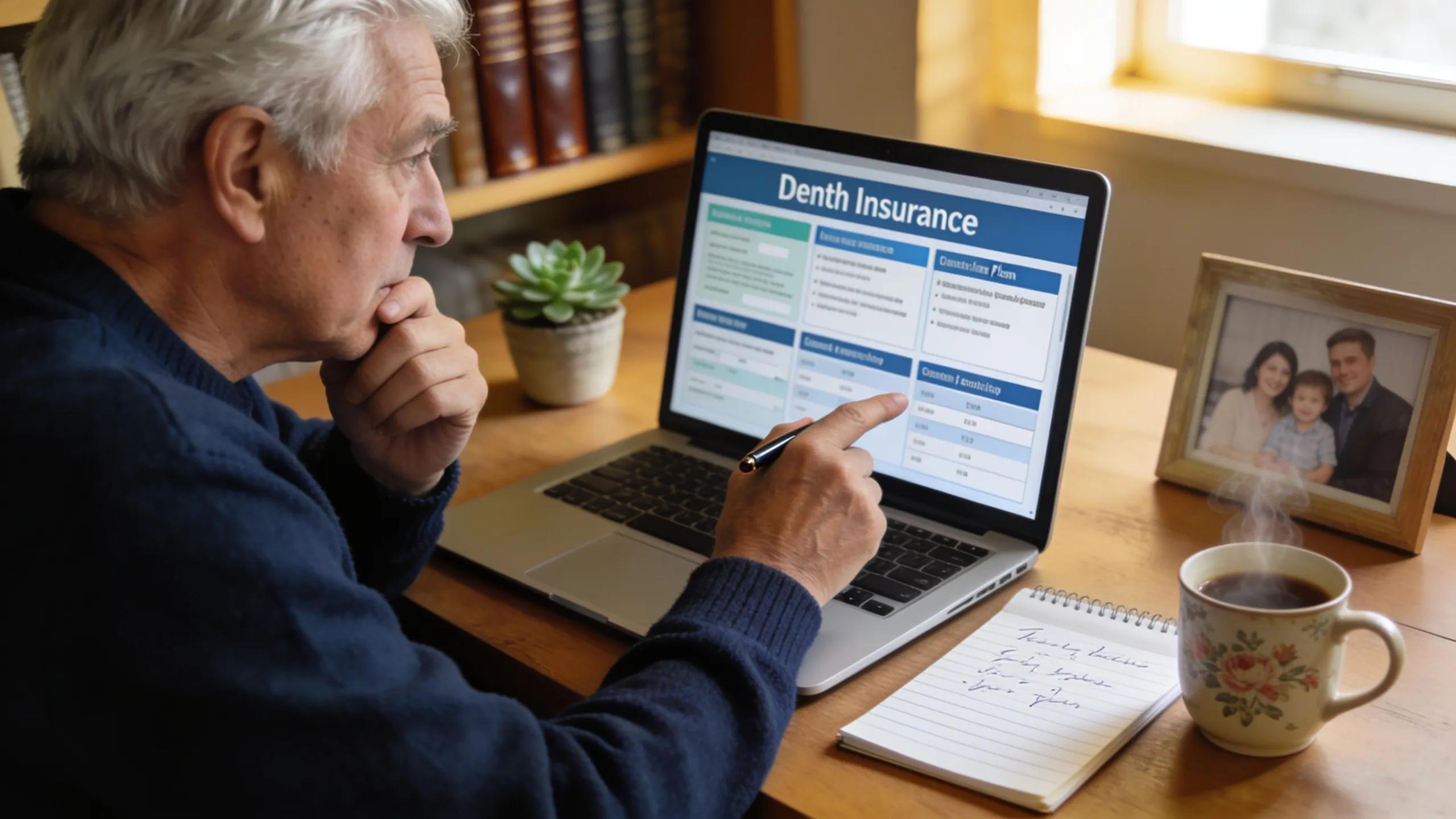 Senior man comparing dental insurance plans online, illustrating the search for affordable dental coverage