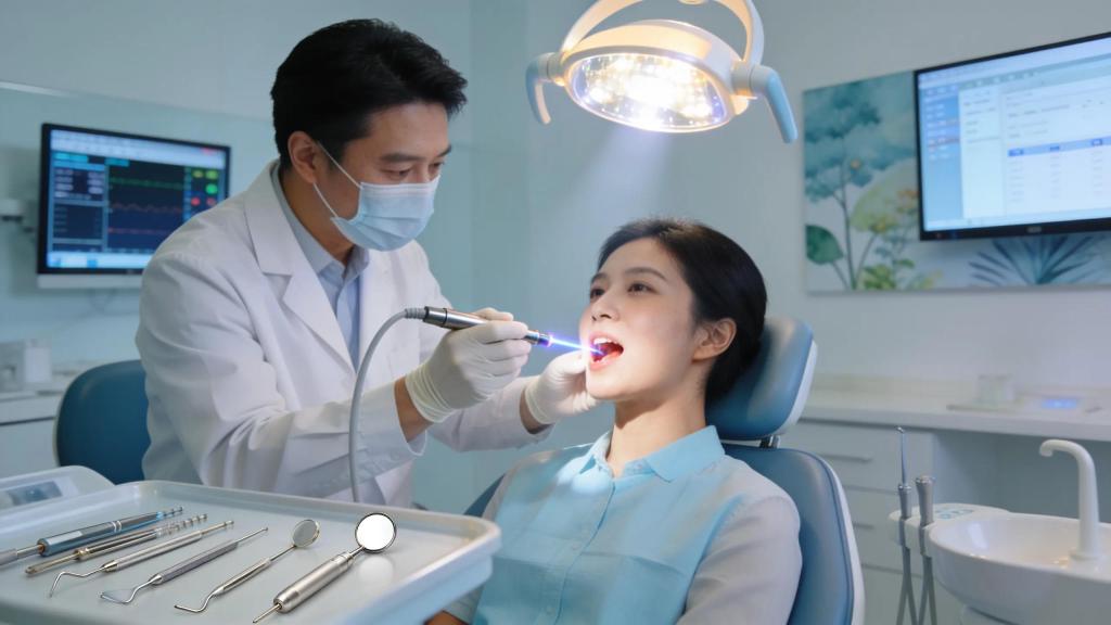 Modern dental tools in use during a root canal procedure showcasing LED and laser technologies