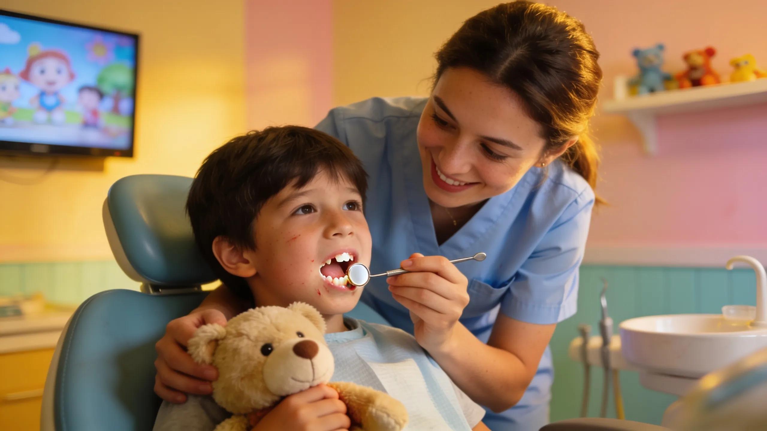 Dental professional examining child with chipped tooth, representing dental trauma care