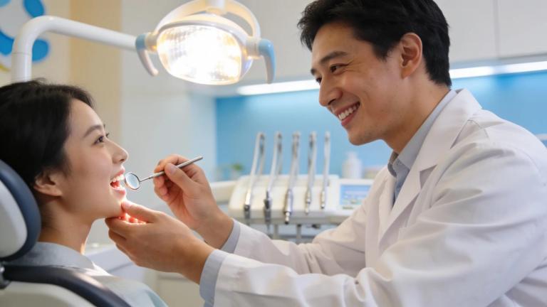 Friendly dentist interacting with a patient in a modern dental office, focusing on oral dental care