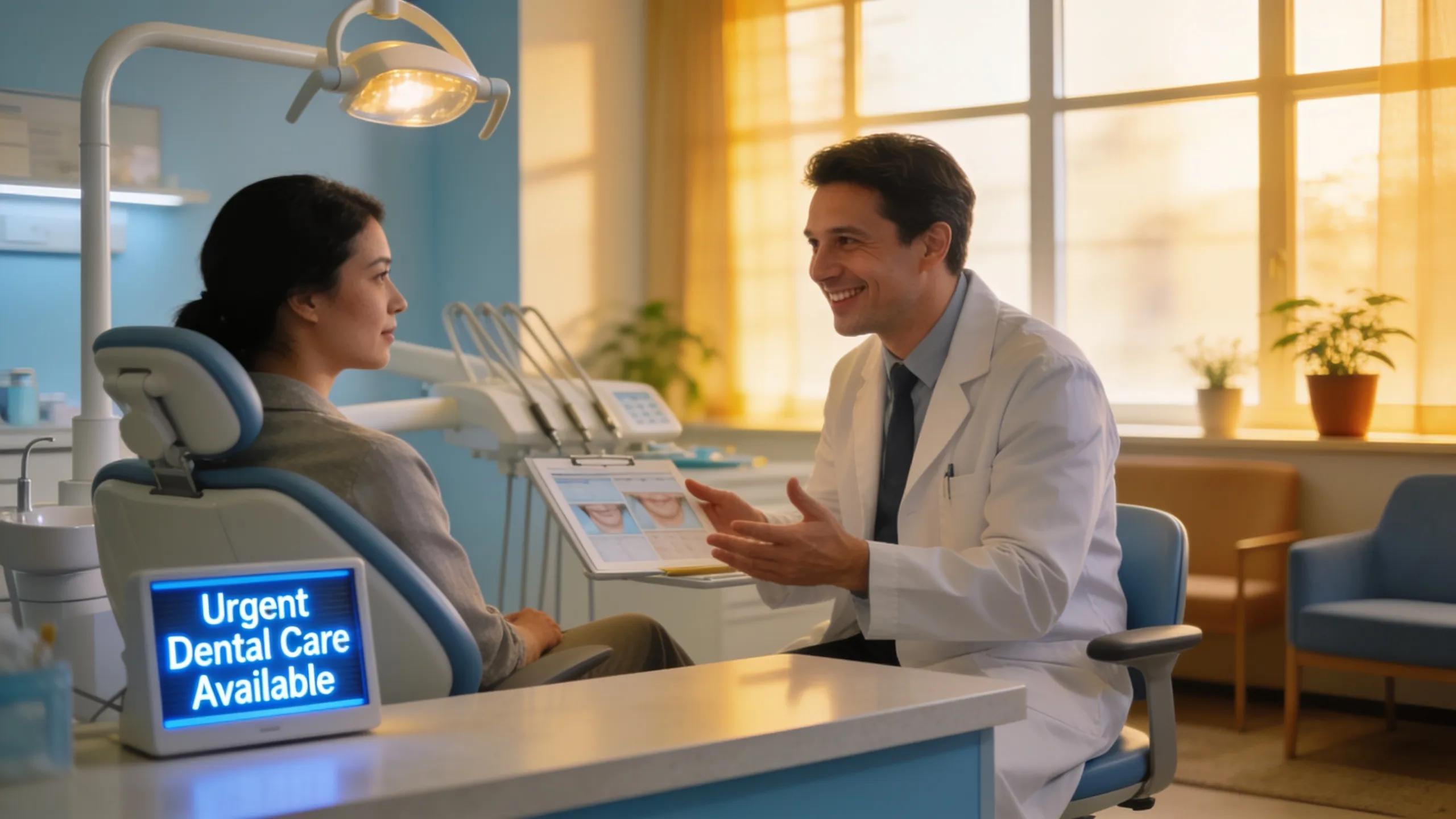 General dentist interacting with a patient in a friendly dental office for emergency care