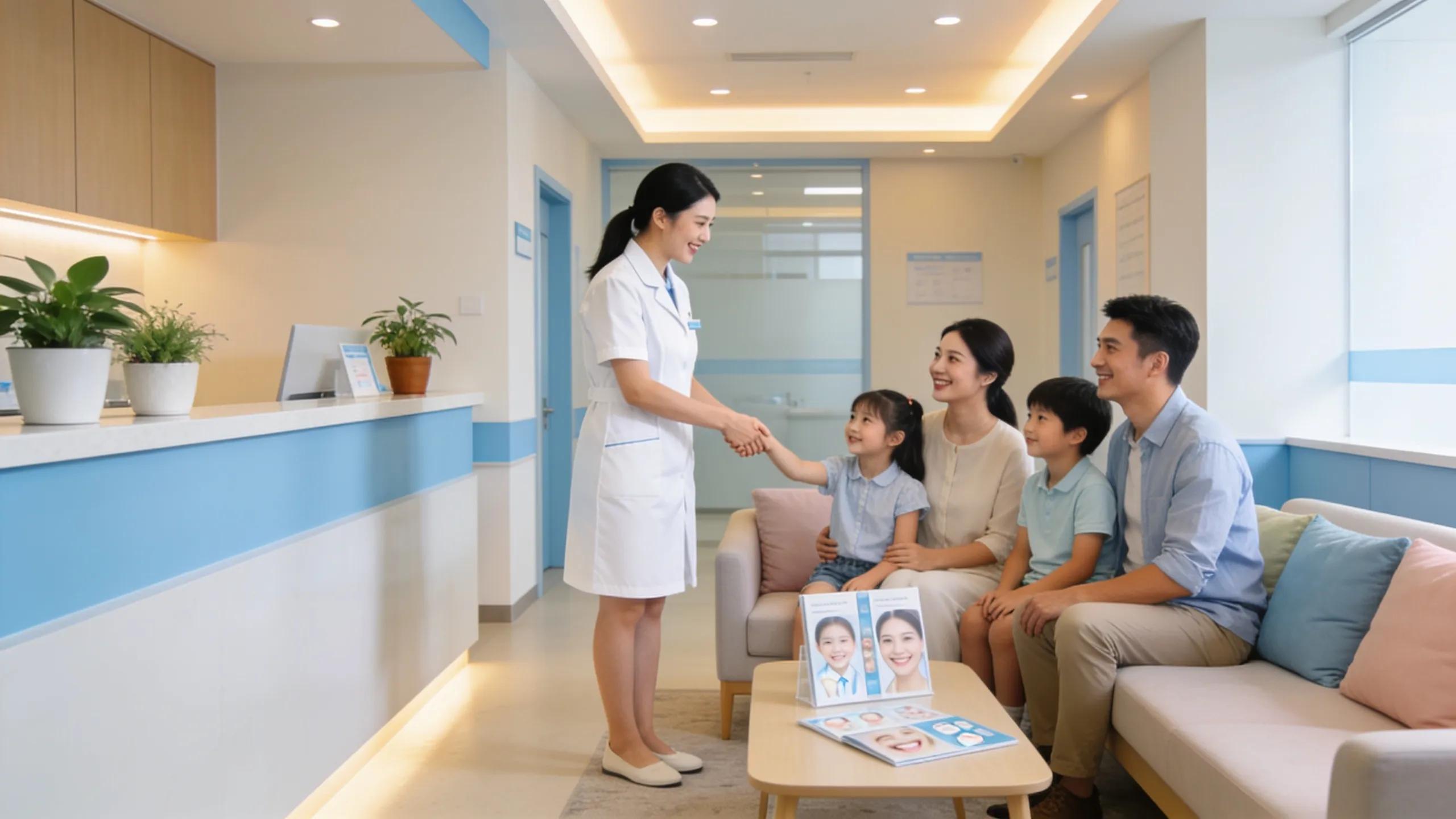 Dental clinic reception area with friendly staff, enhancing family trust in dental care