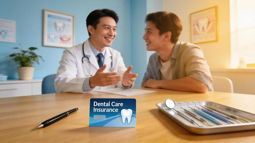 Dental office scene showcasing a dentist and a patient discussing dental insurance benefits