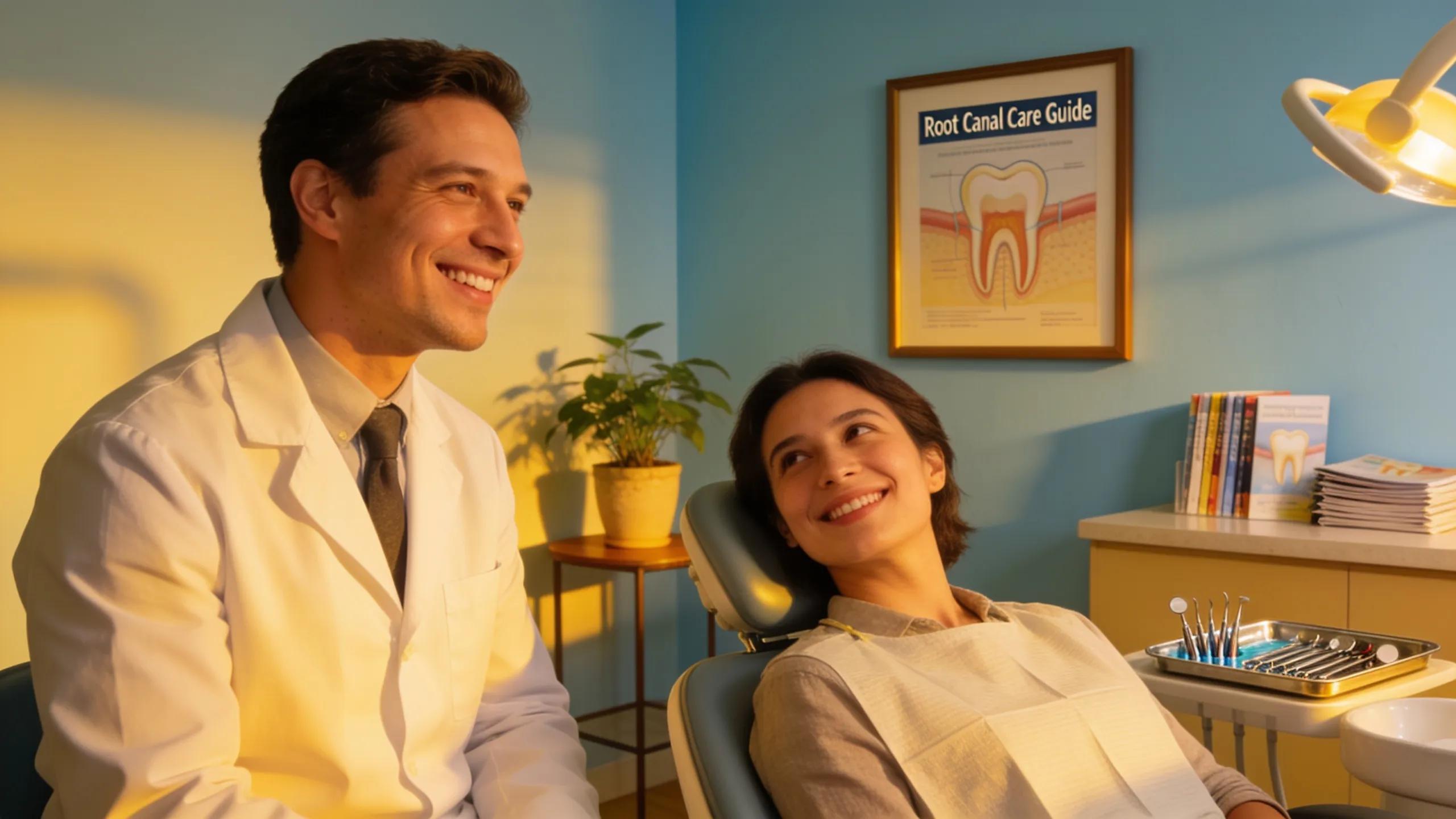 Welcoming dental office featuring a consultation between a dentist and a patient about root canal treatment