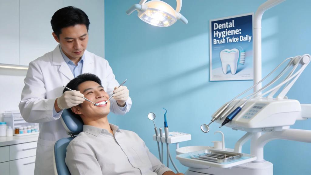 Dental professional cleaning a patient's teeth in a bright clinic, emphasizing oral health care and patient comfort