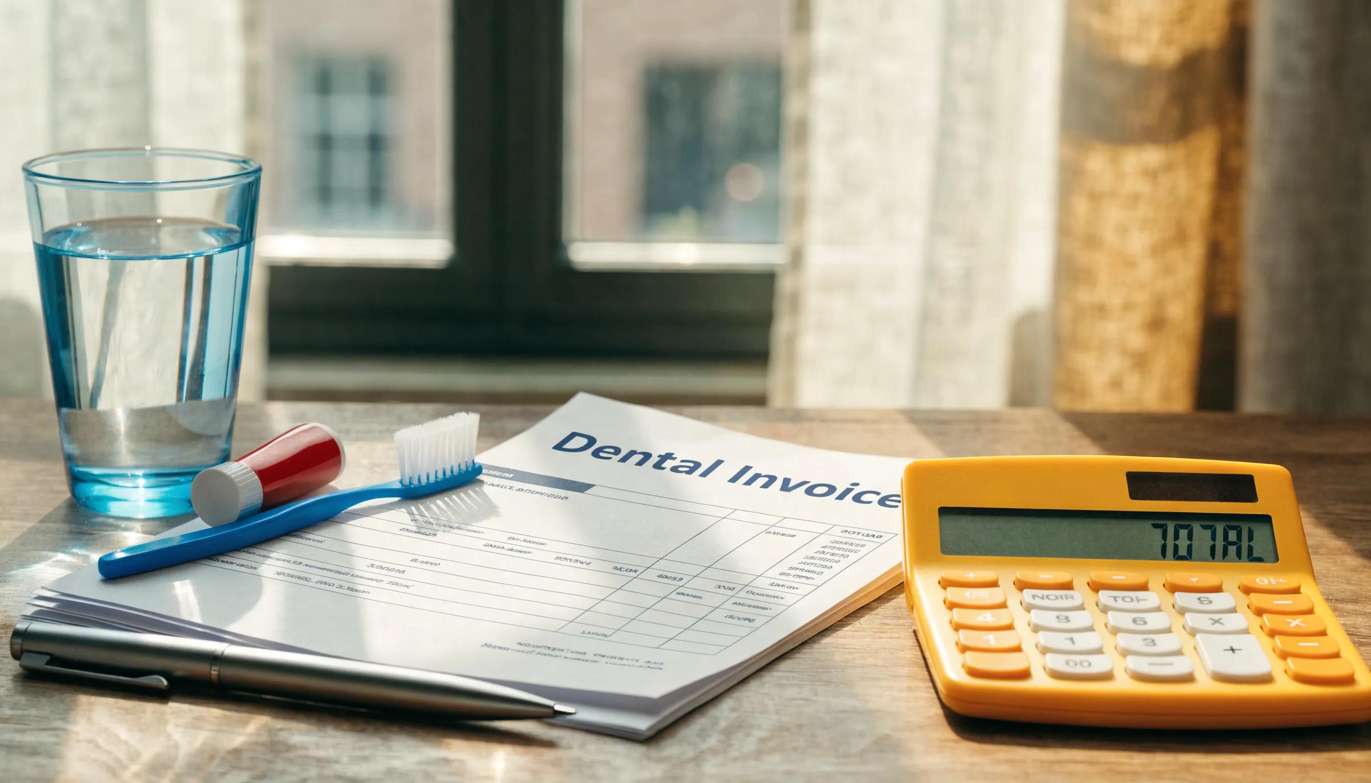 Dental cost invoices and a calculator illustrating financial planning for apicoectomy and other treatments