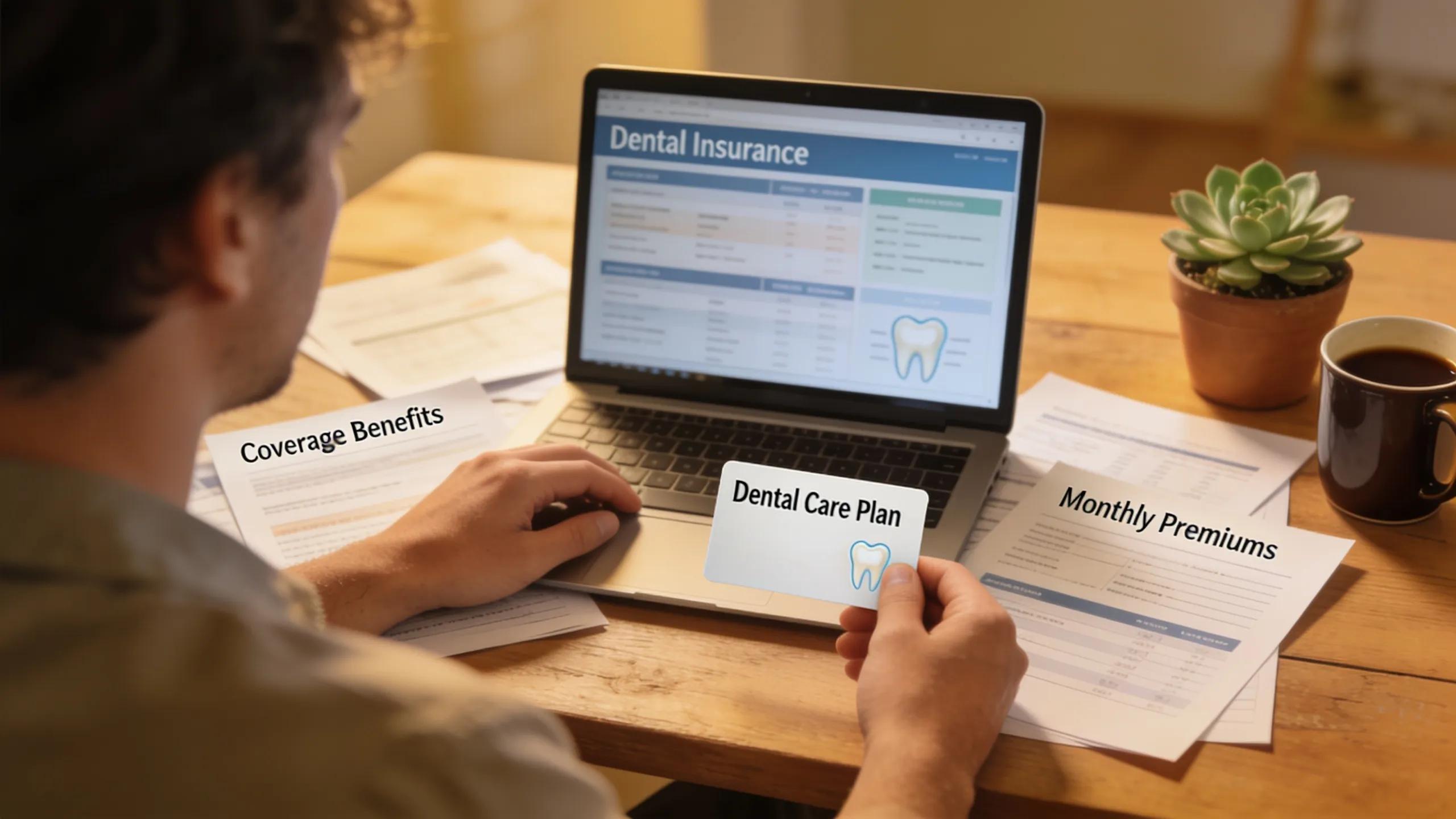Individual researching dental insurance options at a desk with a laptop and dental card