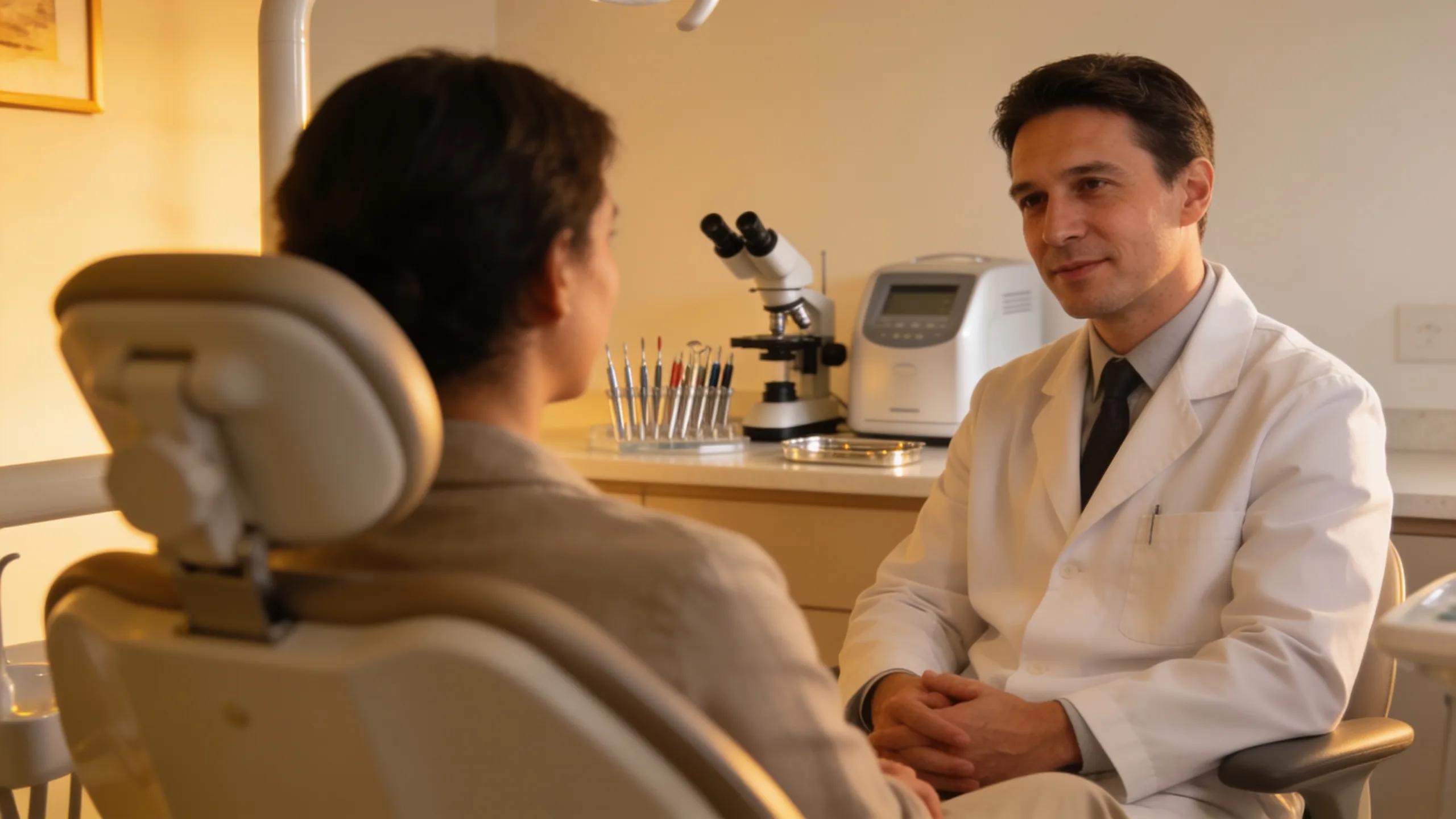Dental office scene with endodontist consulting patient about root canal treatment