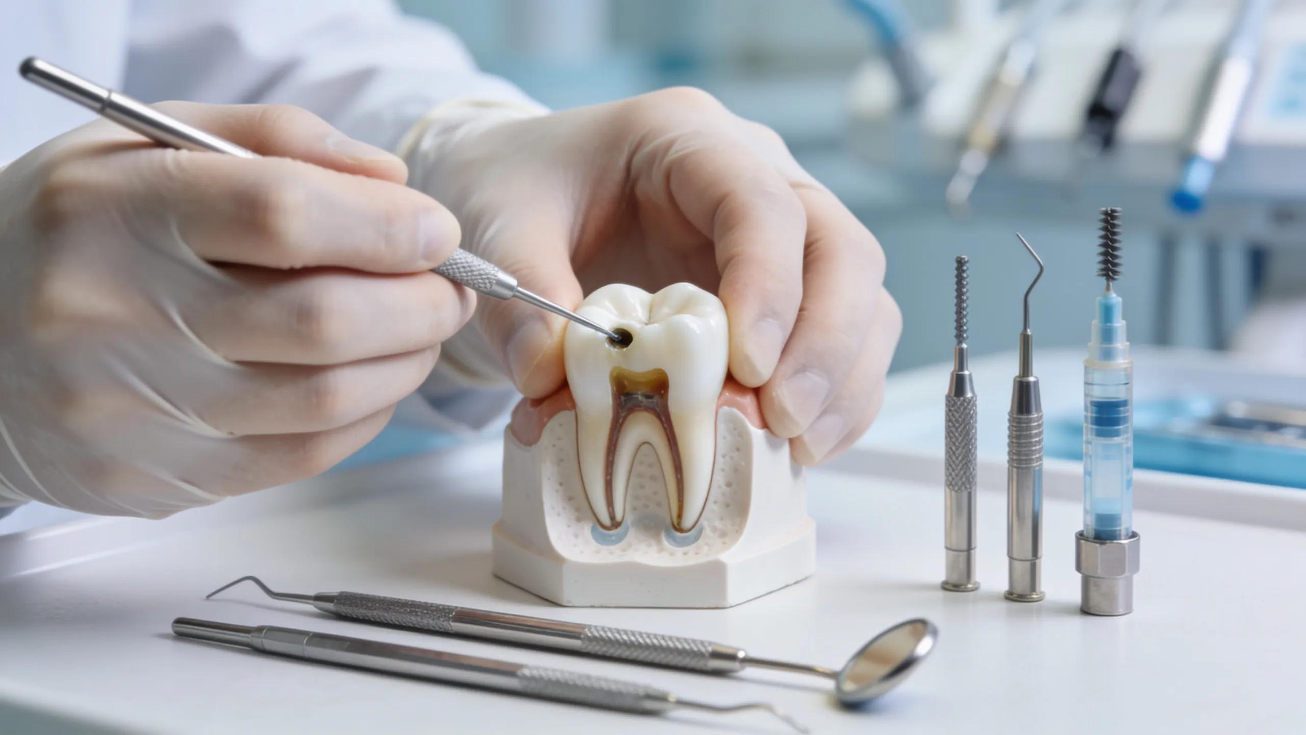 Dental procedure showing root canal therapy, emphasizing precision and care in tooth treatment