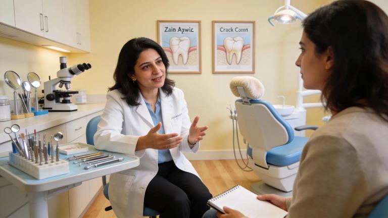 Endodontist consulting with a patient in a warm dental office environment, focusing on cracked tooth repair