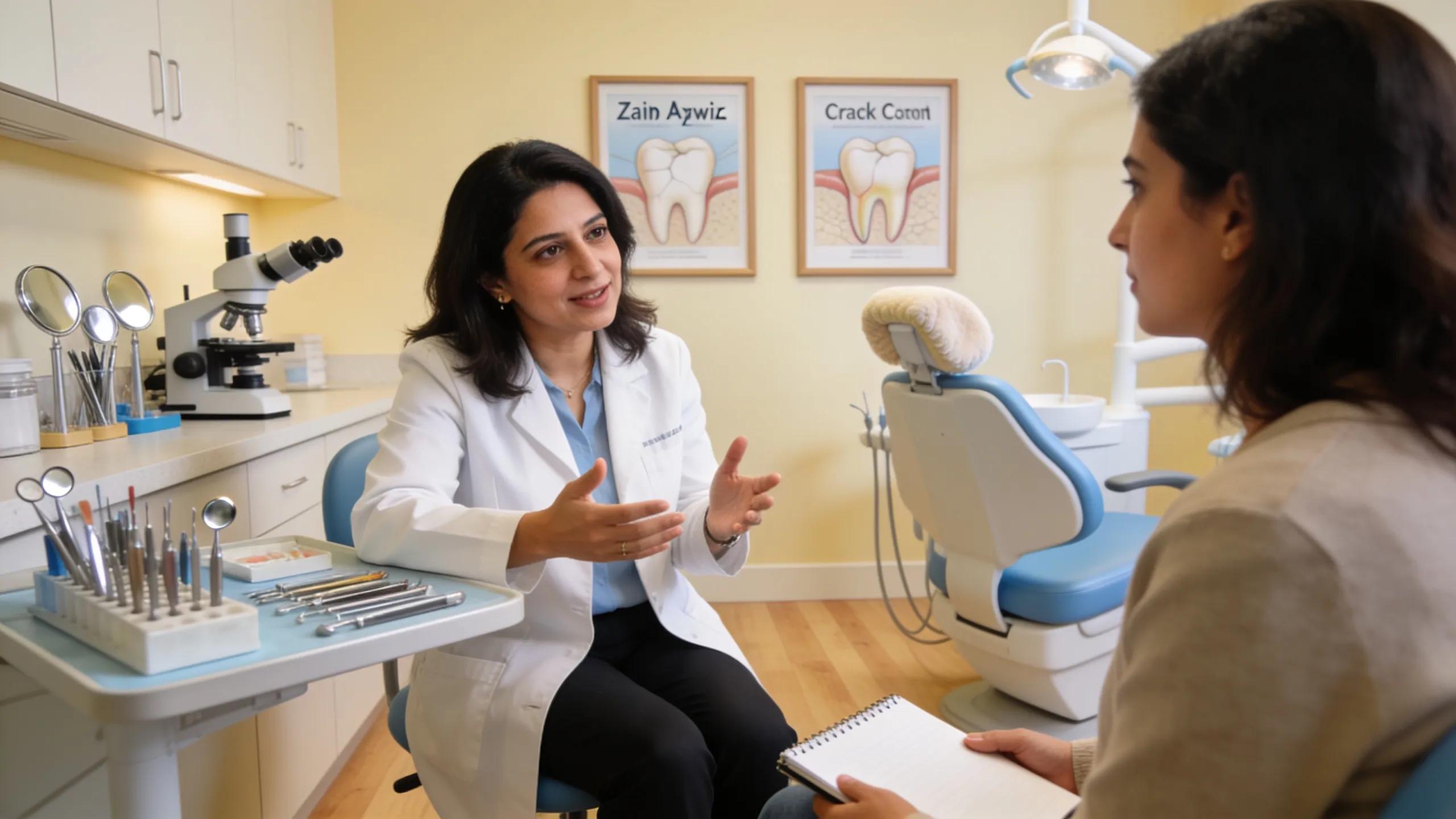 Endodontist consulting with a patient in a warm dental office environment, focusing on cracked tooth repair
