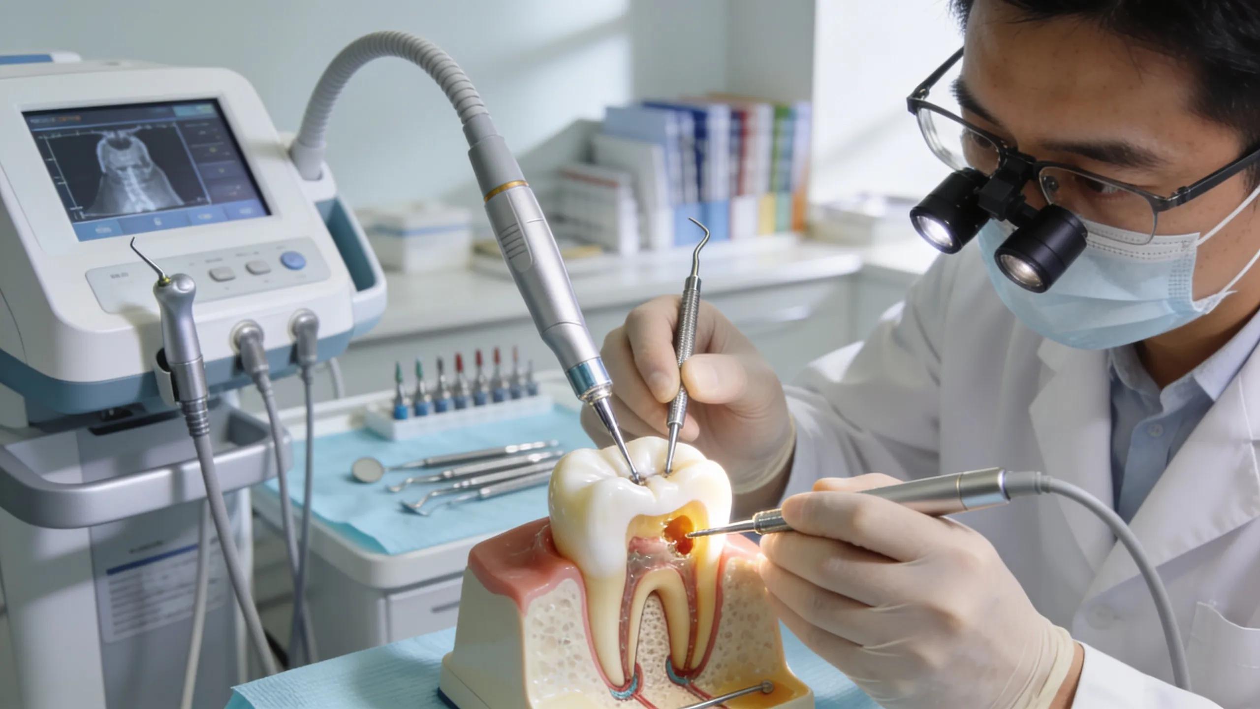 Endodontist performing root canal therapy demonstrating skilled dental techniques in a professional setting