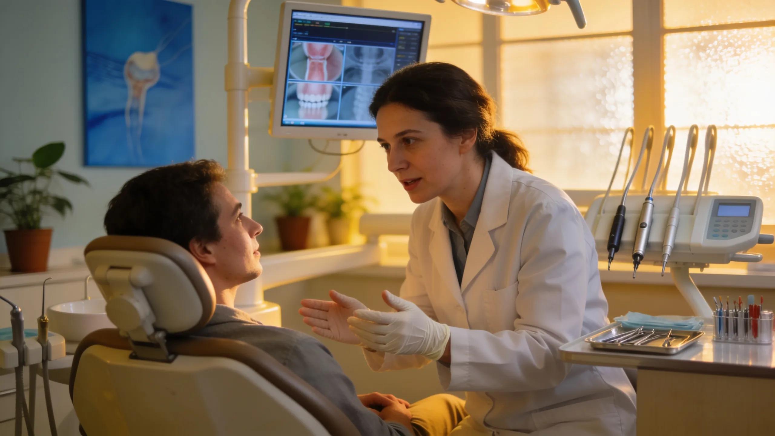 Dental professional discussing pain management options with a patient in a comforting dental environment