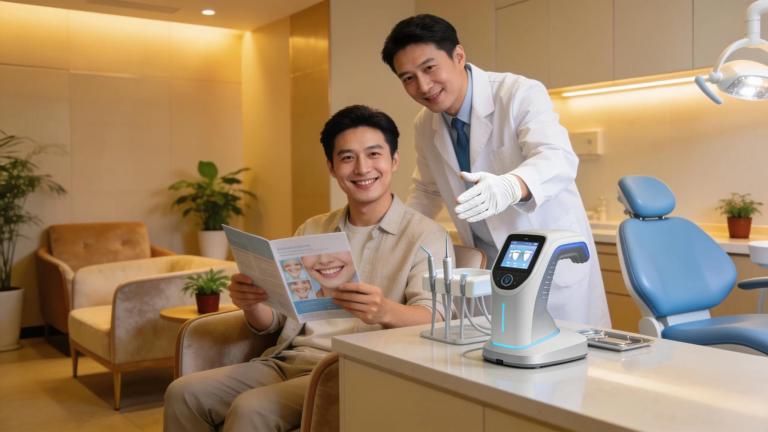 Dental clinic showcasing a happy patient post-root canal therapy with modern tools and a comforting atmosphere