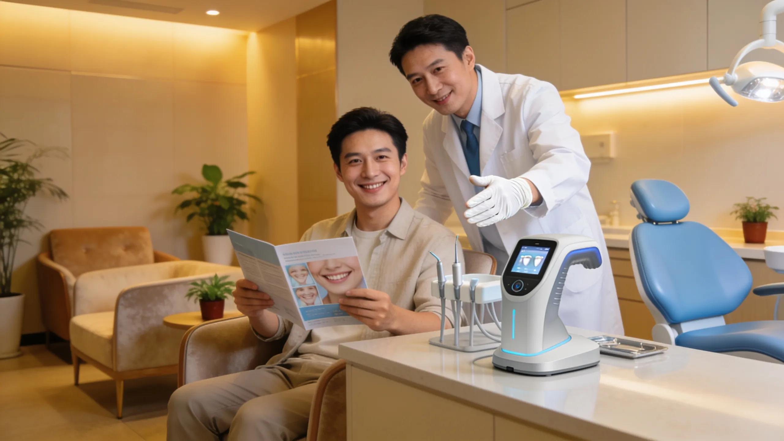 Dental clinic showcasing a happy patient post-root canal therapy with modern tools and a comforting atmosphere