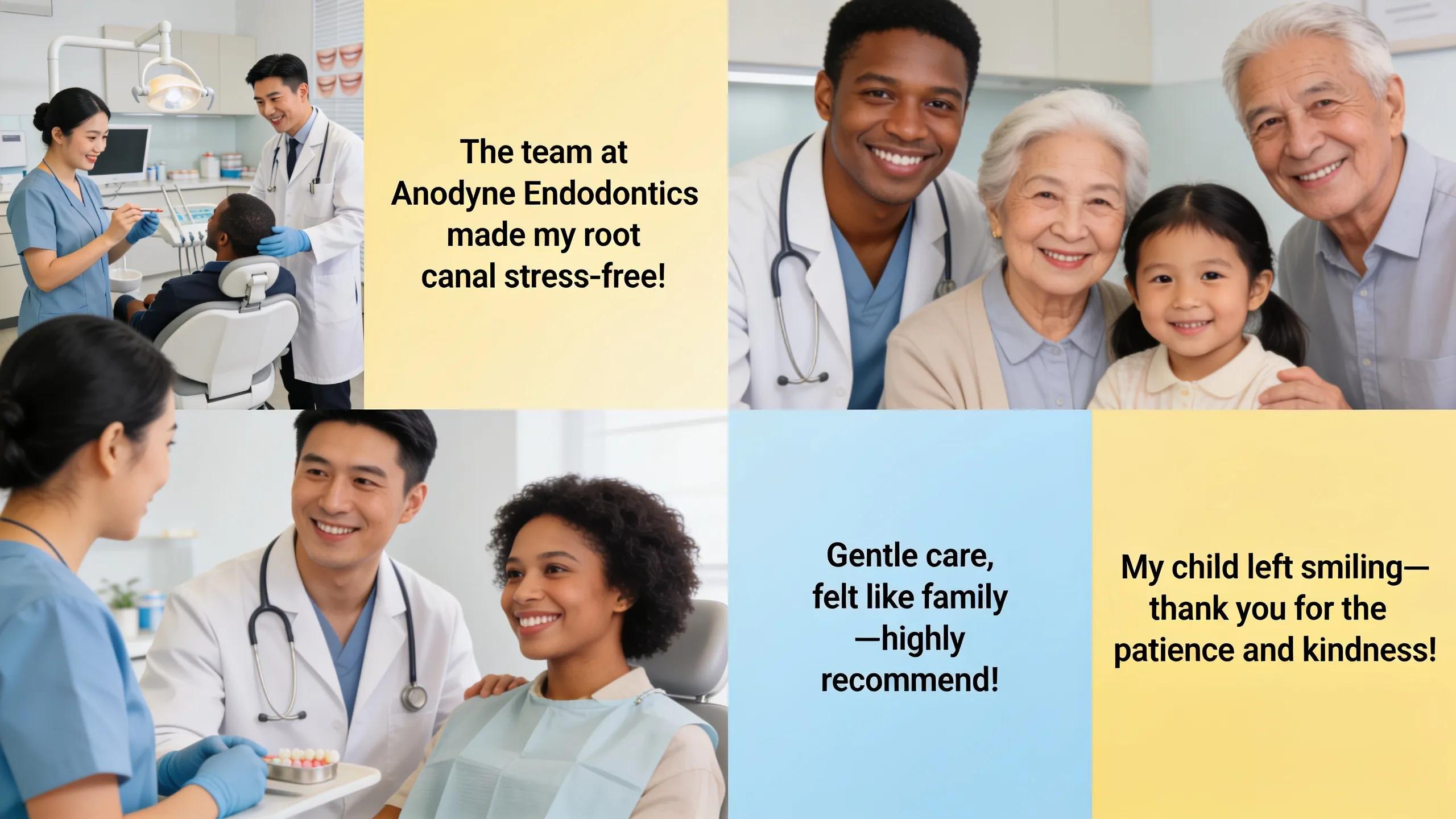 Collage of happy patients sharing testimonials about their root canal experiences, showcasing satisfaction and care at Anodyne Endodontics