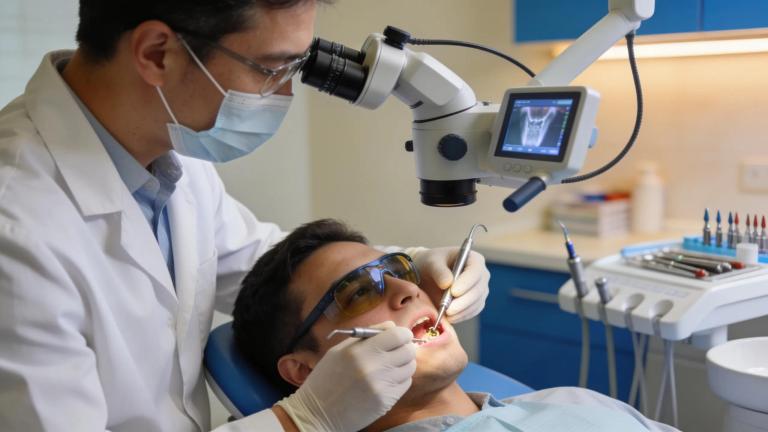 Dentist performing an emergency root canal procedure with advanced technology