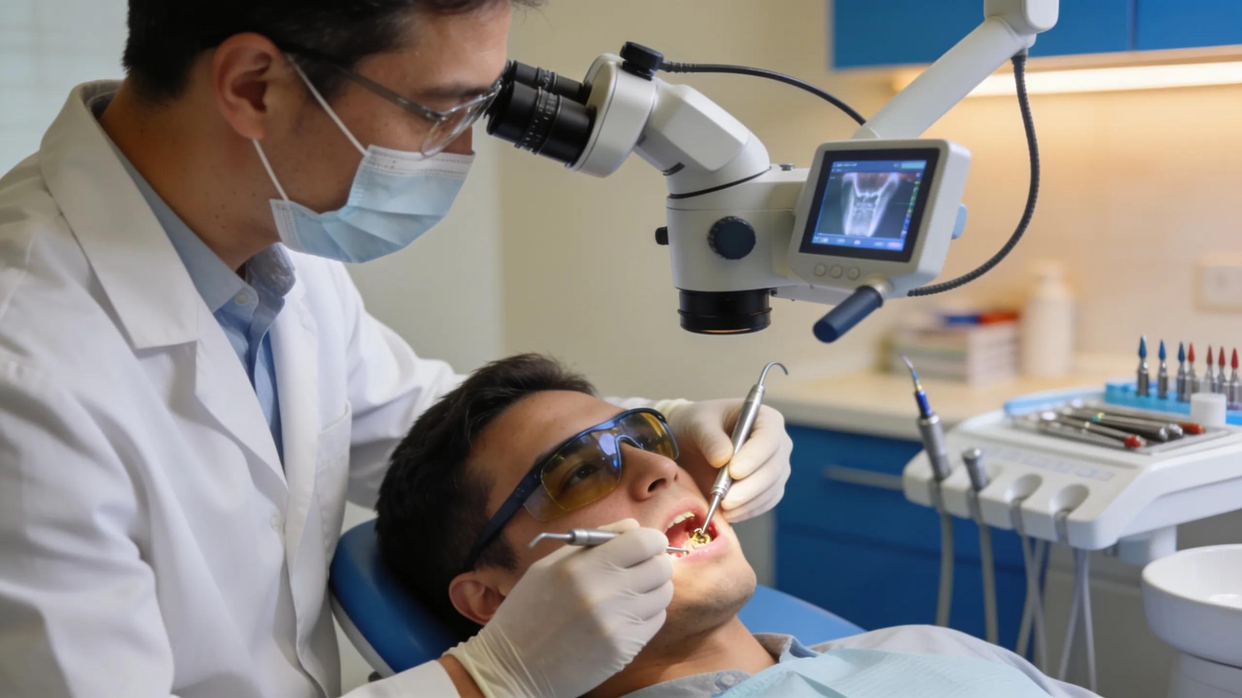 Dentist performing an emergency root canal procedure with advanced technology