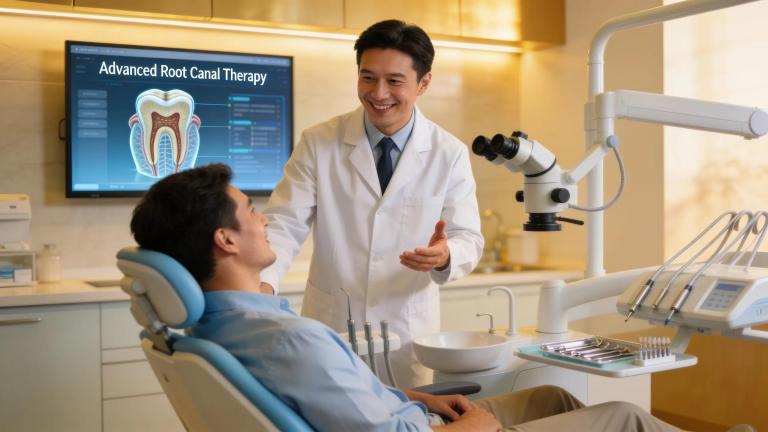 Dental clinic scene illustrating a dentist explaining root canal therapy to a patient, highlighting advanced dental care technology.