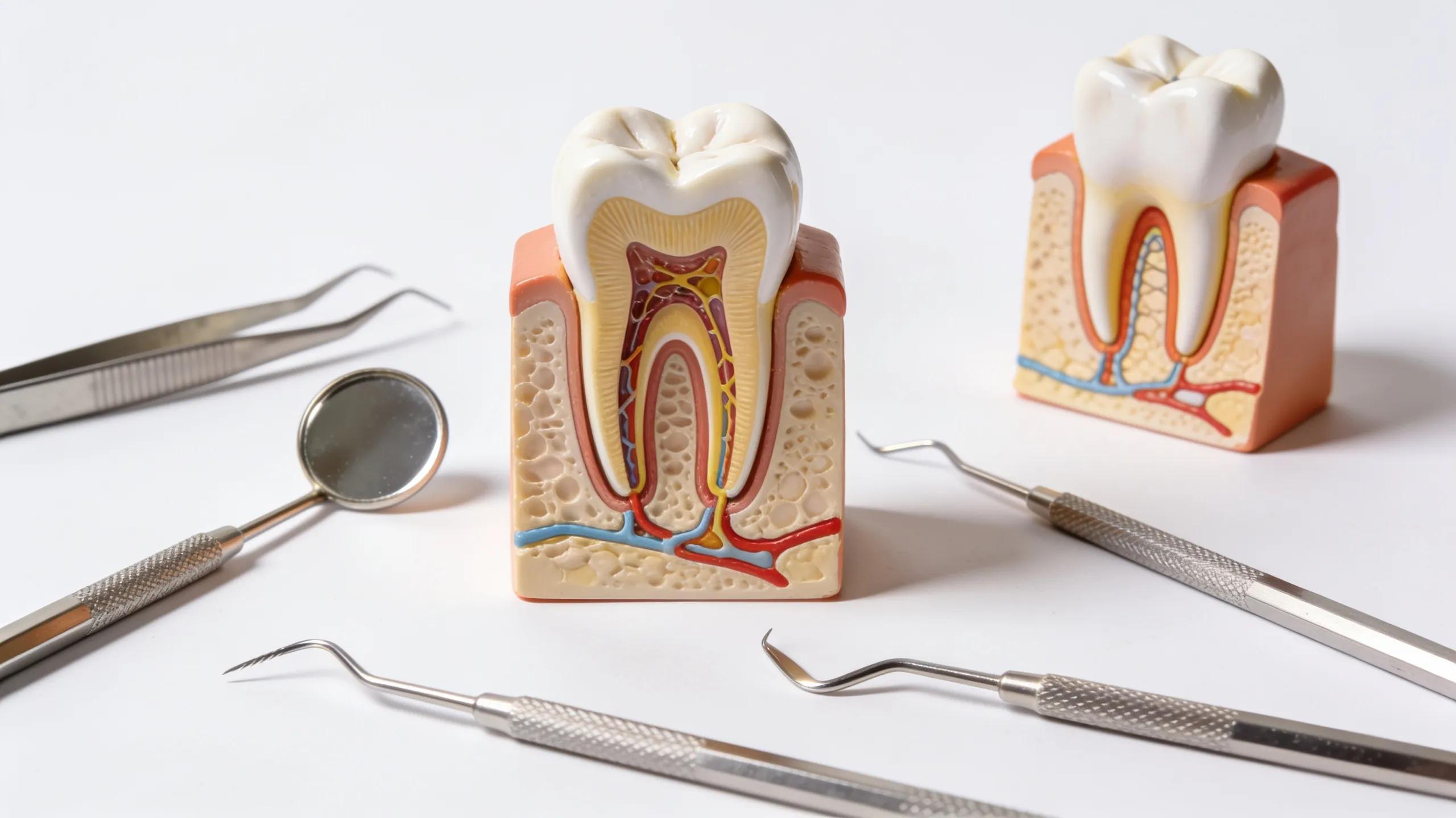 Dental tools and tooth model illustrating causes of root canal failure