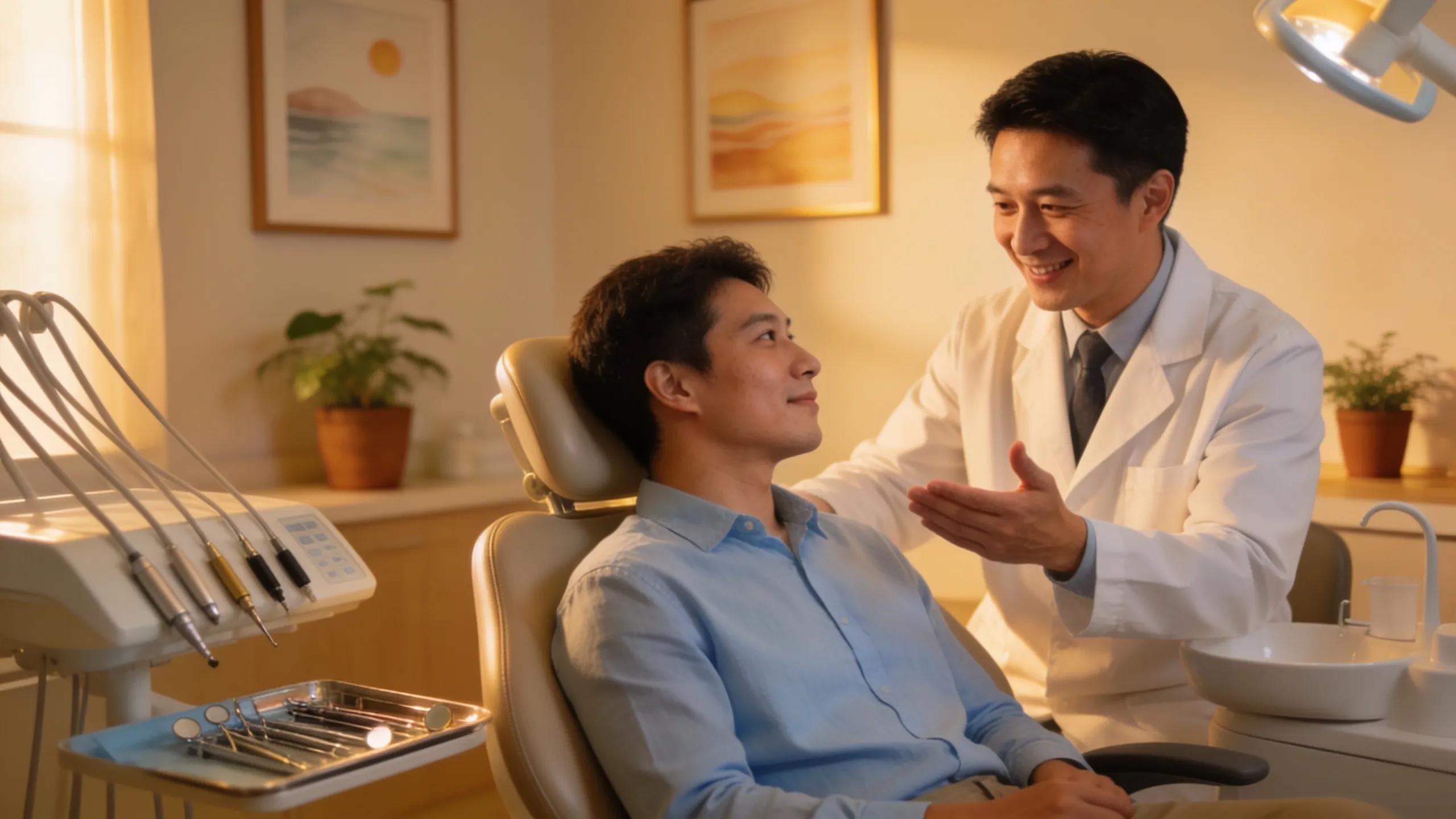 Comfortable dental clinic environment showcasing a patient and an endodontist in a warm setting focused on root canal therapy