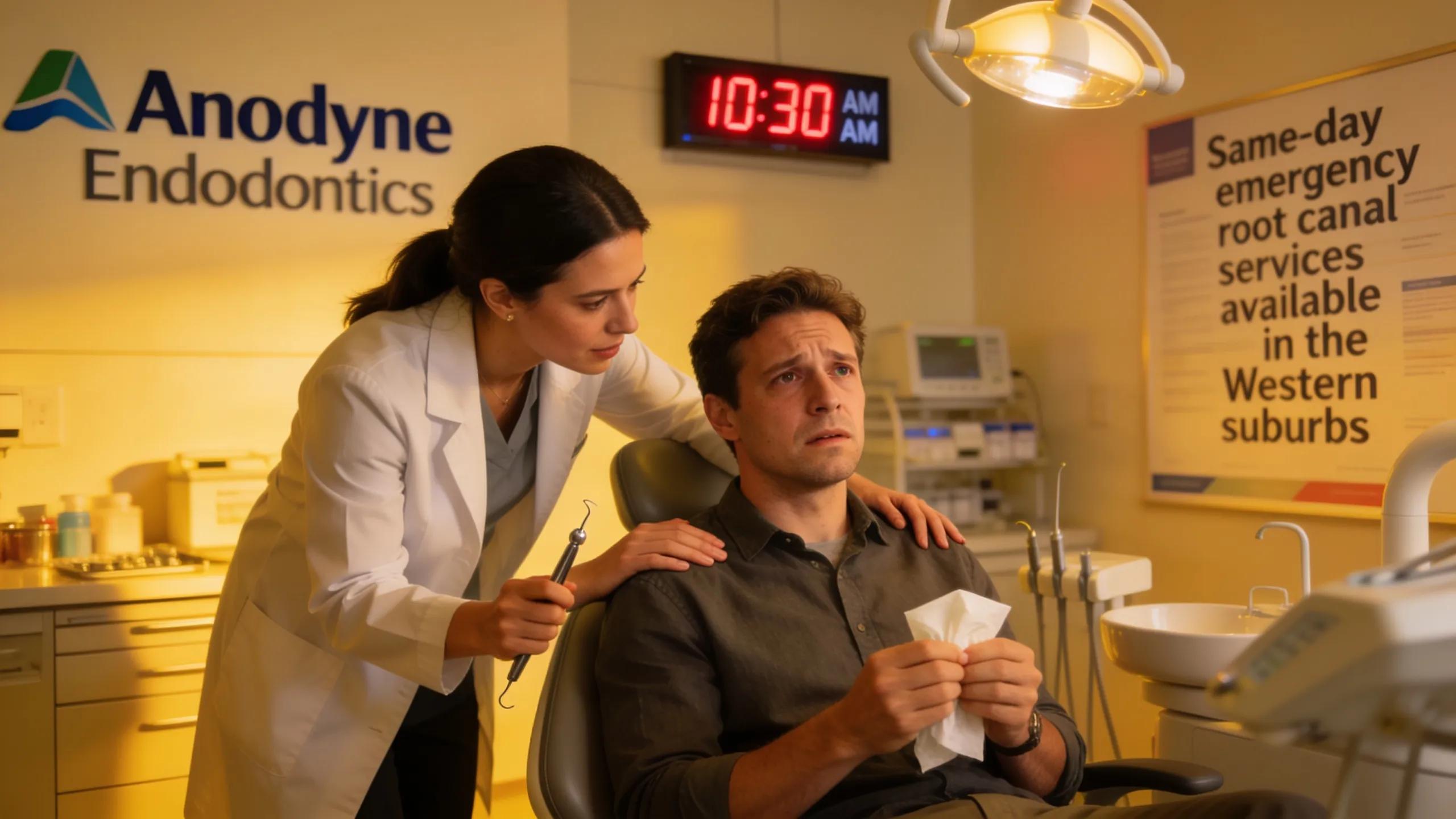 Patient receiving urgent care from dental staff in a warm and inviting clinic environment focused on emergency root canal services