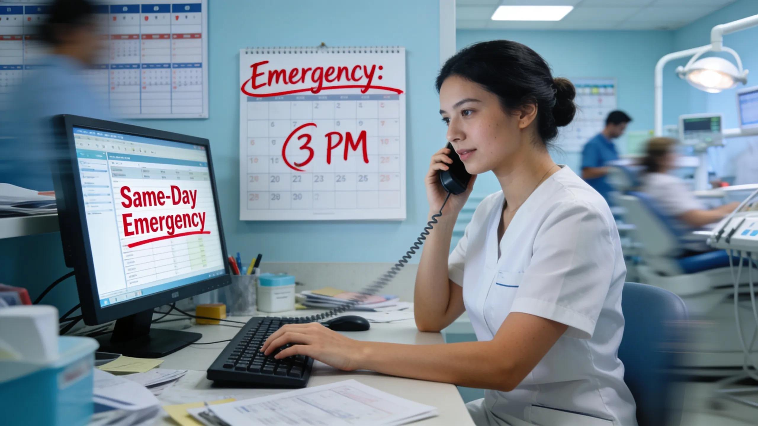 Dental assistant efficiently handling a same-day emergency appointment call in a modern clinic