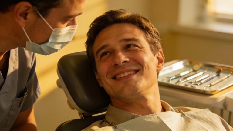 Patient receiving post-root canal care from a dentist, emphasizing the recovery process.