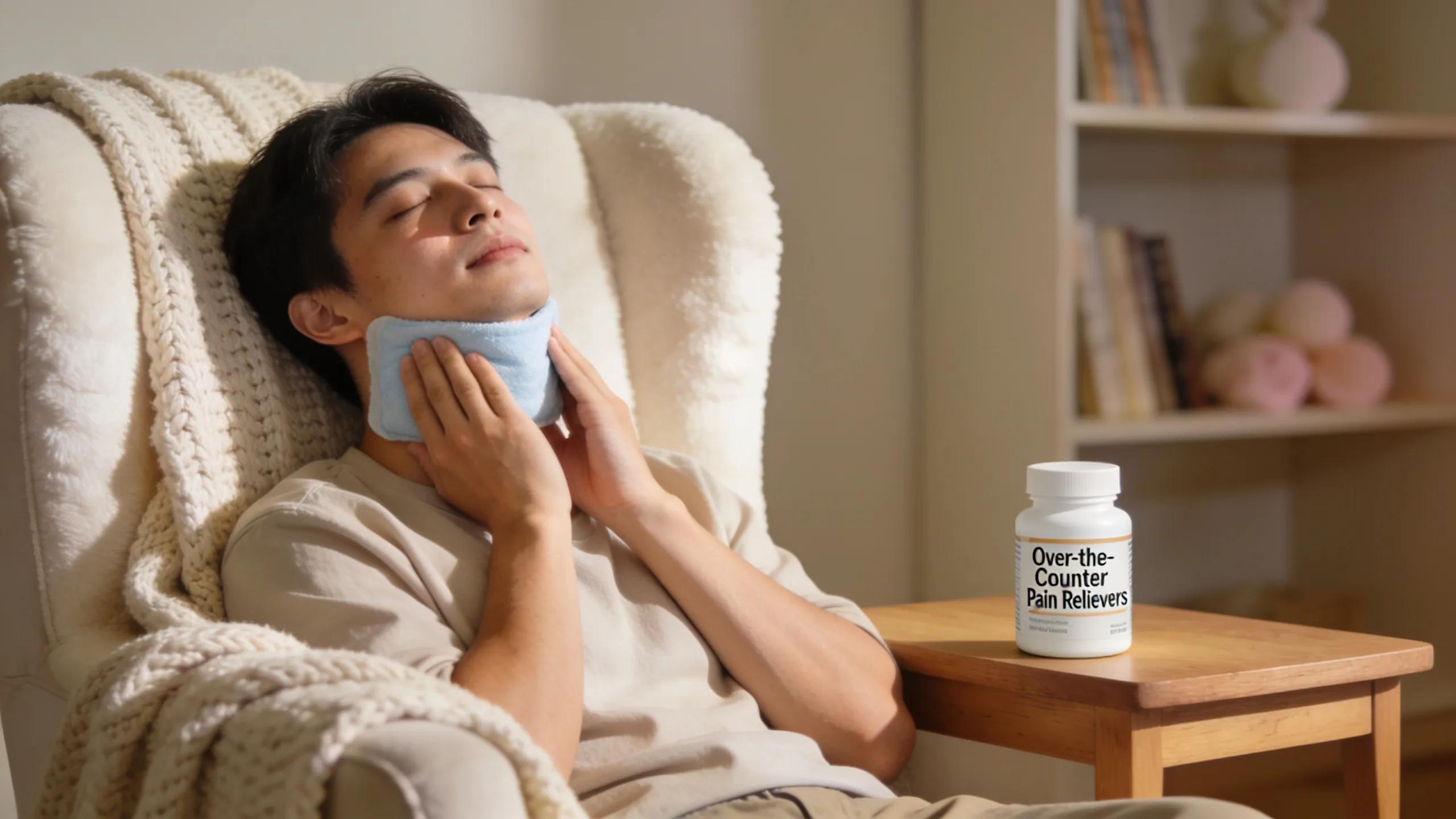 Individual using a cold compress to manage pain after a root canal treatment at home.