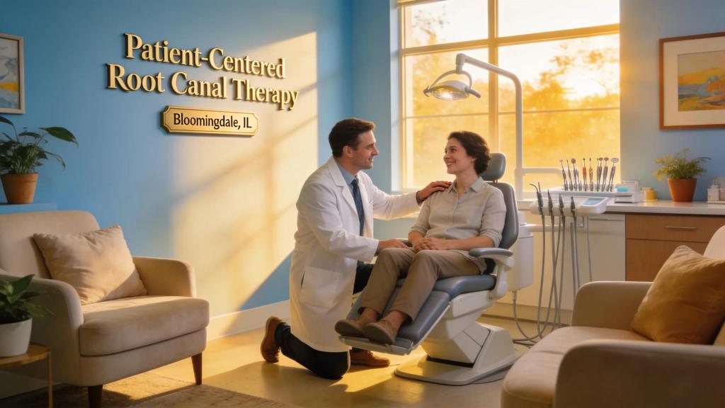 Gentle root canal therapy in a comforting dental clinic with a caring endodontist and a relaxed patient