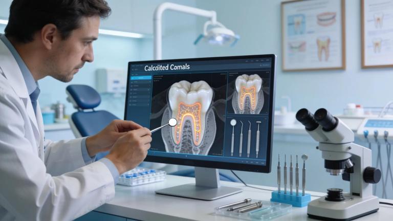 Dental practitioner using advanced imaging equipment to diagnose calcified canals in a professional setting