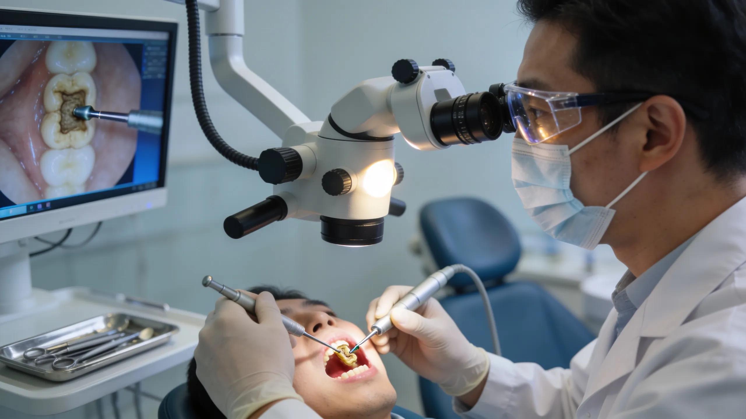 Dental practitioner utilizing a microscope to treat calcified root canals, emphasizing precision in endodontic procedures