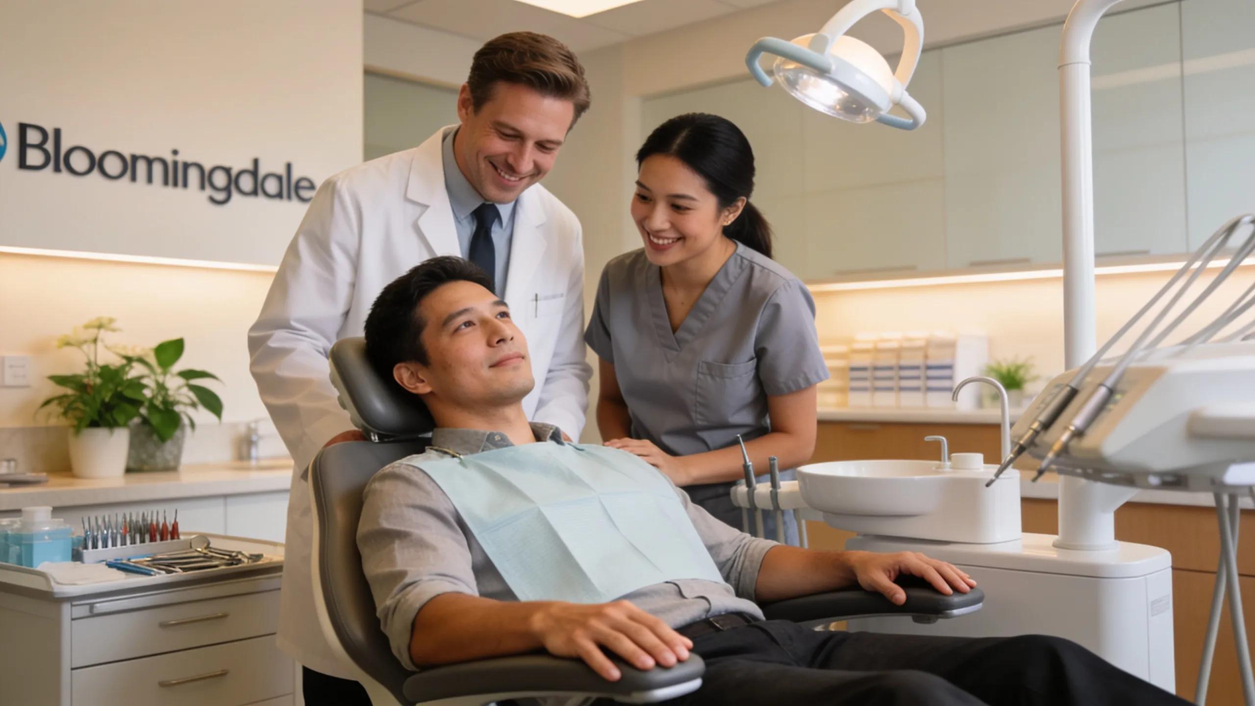 Patient receiving gentle root canal therapy with a supportive dental team in a caring environment