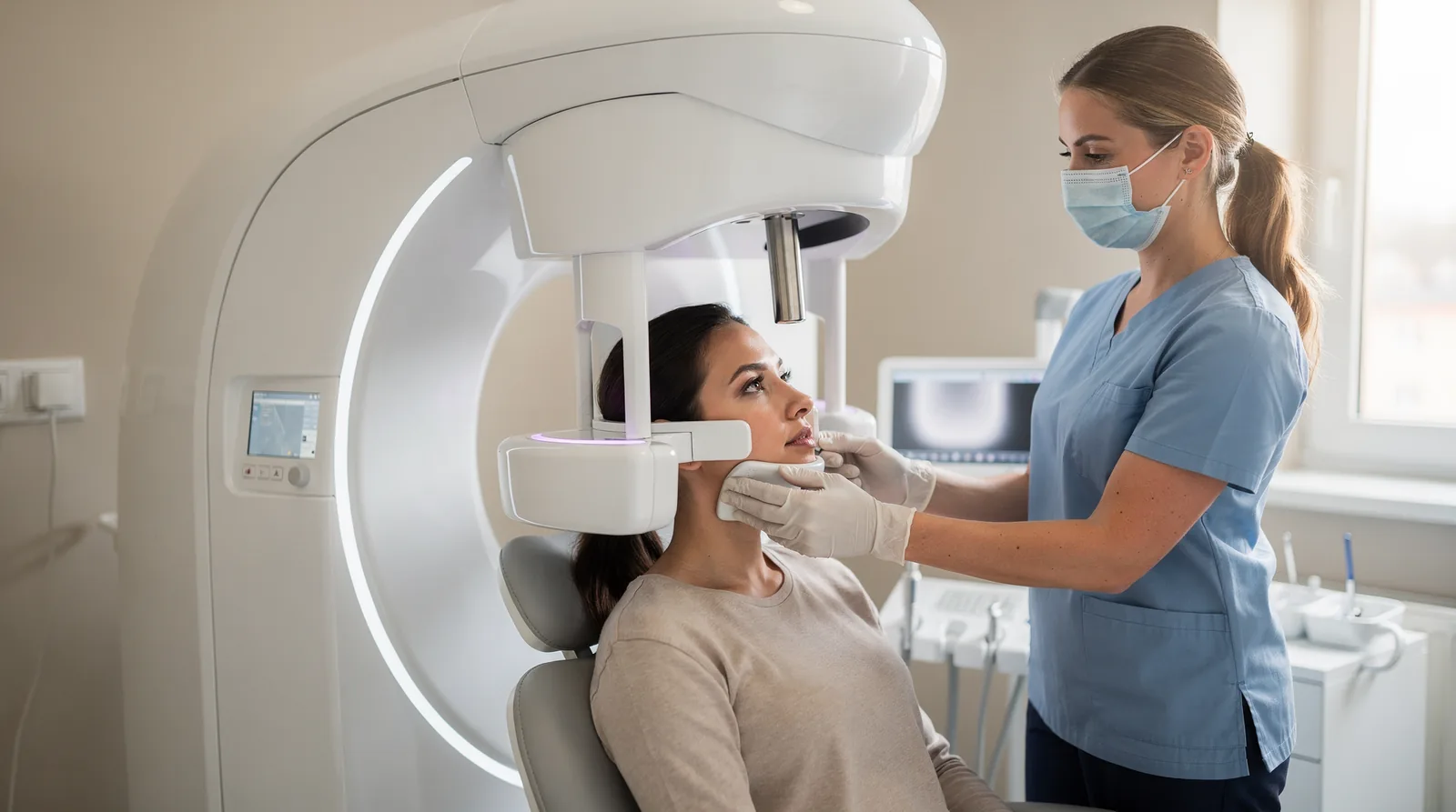 A cone beam scanner captures a full 3D map of your tooth roots, jawbone