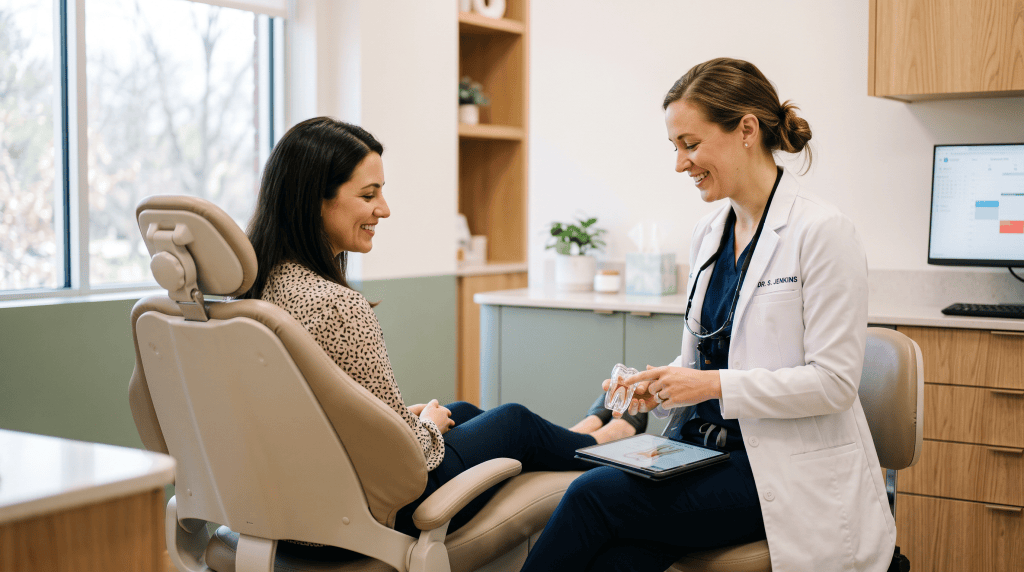 Endodontist reviewing apicoectomy and root canal retreatment options with a relaxed, smiling patient at Anodyne Endodontics in Bloomingdale, IL