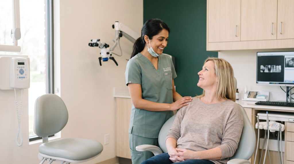 Endodontist in Bloomingdale, IL reassuring a relaxed patient in a calm treatment room at Anodyne Endodontics